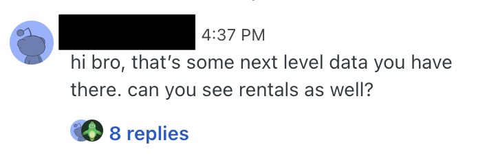 User feedback: next level data, asking about rentals