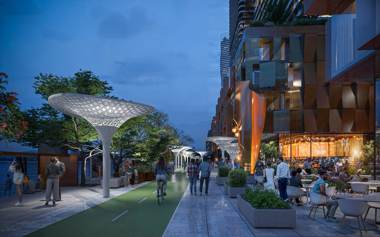 Waterfront promenade at night